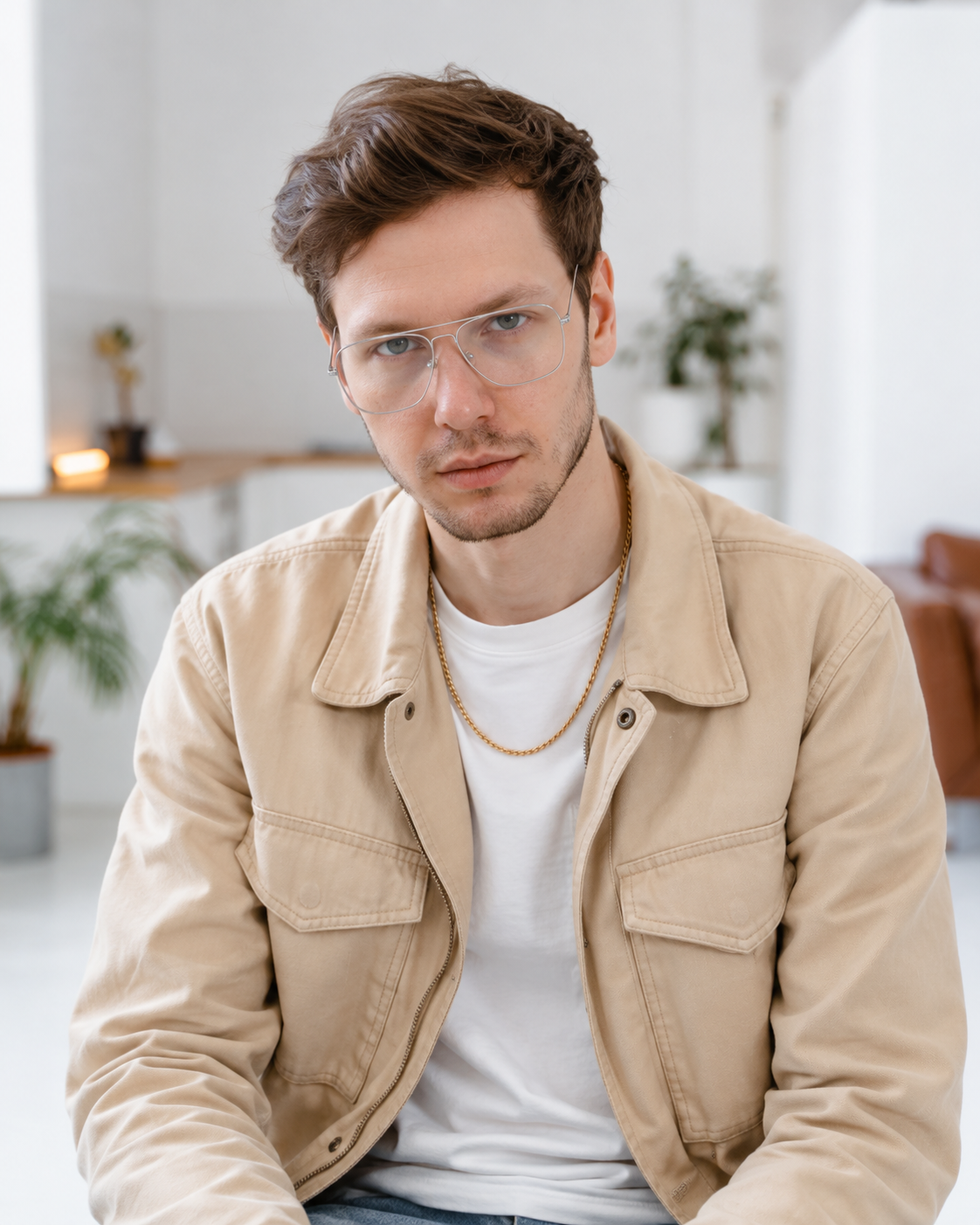 Team member wearing glasses and a beige jacket