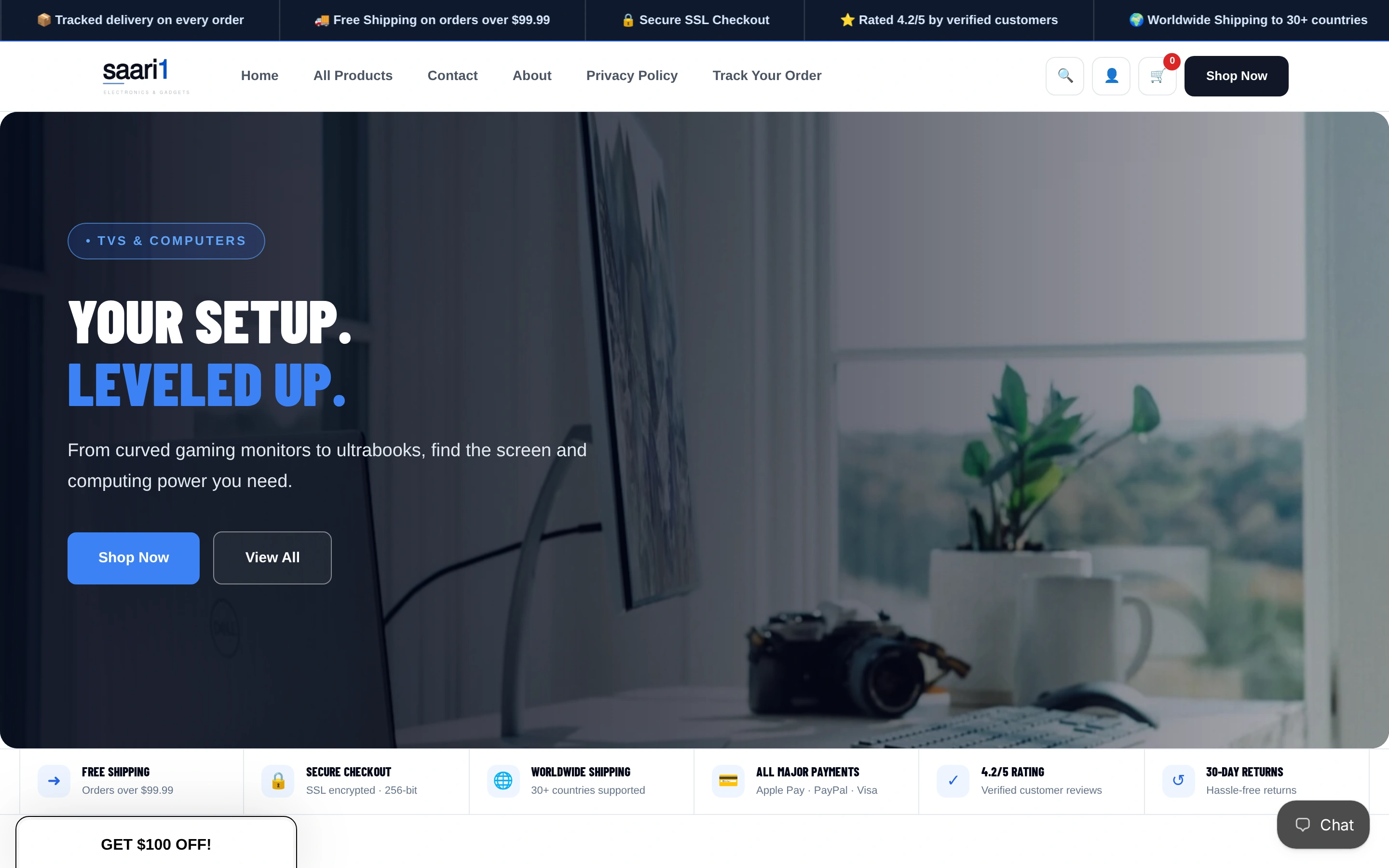 Saari1 storefront screenshot with tech products and shopping categories