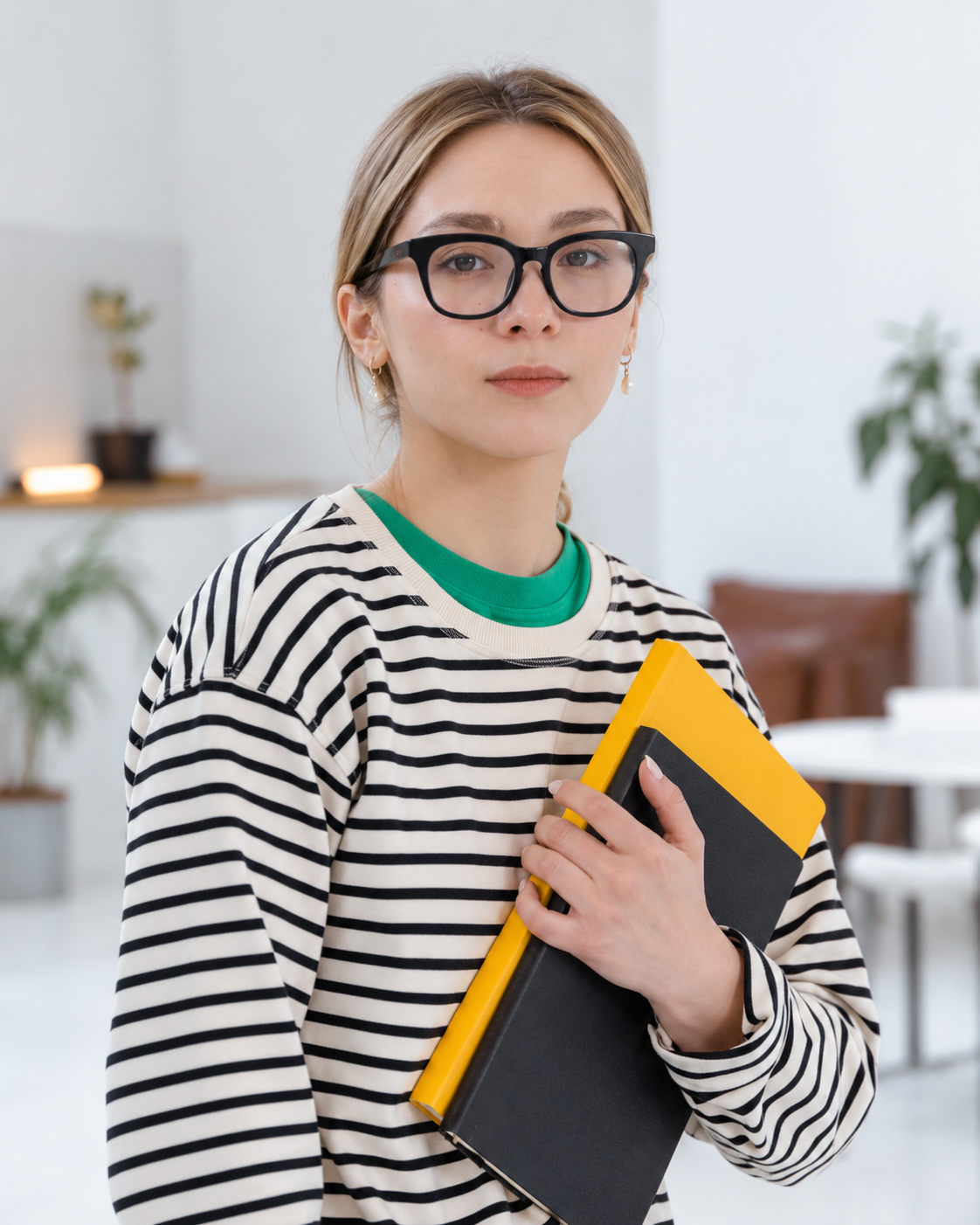 Team member wearing glasses and holding notebooks