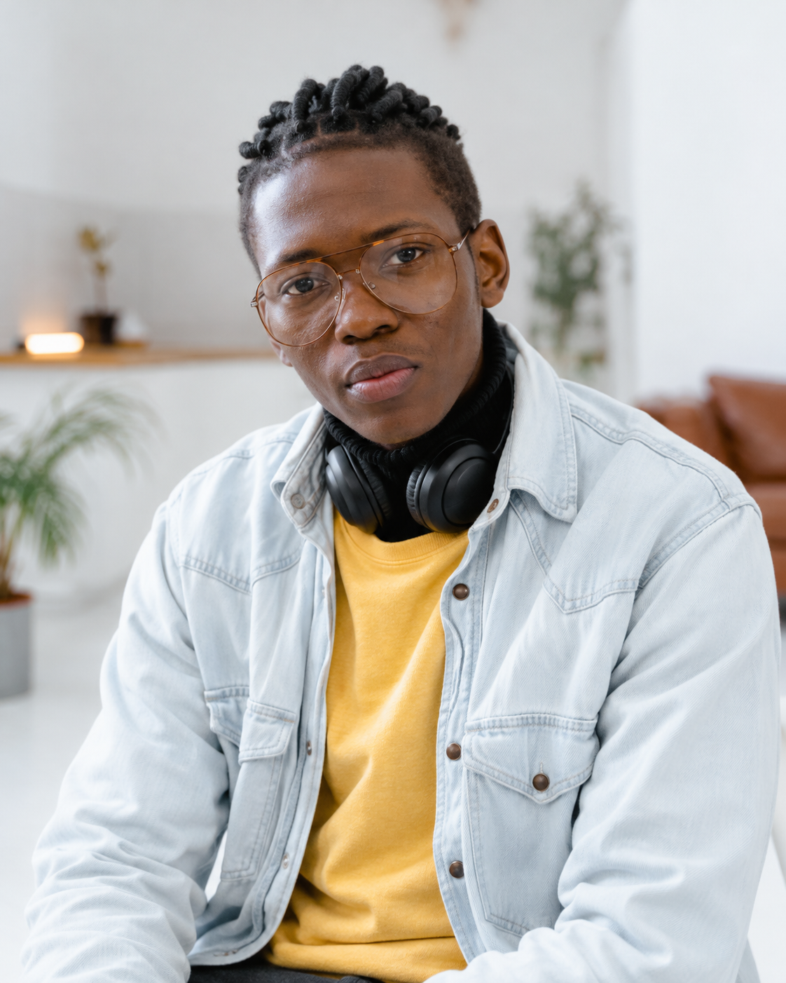 Team member wearing headphones and a denim jacket
